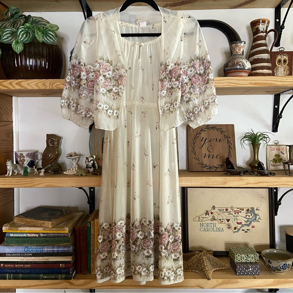 Vintage 70s white floral dress and vest set